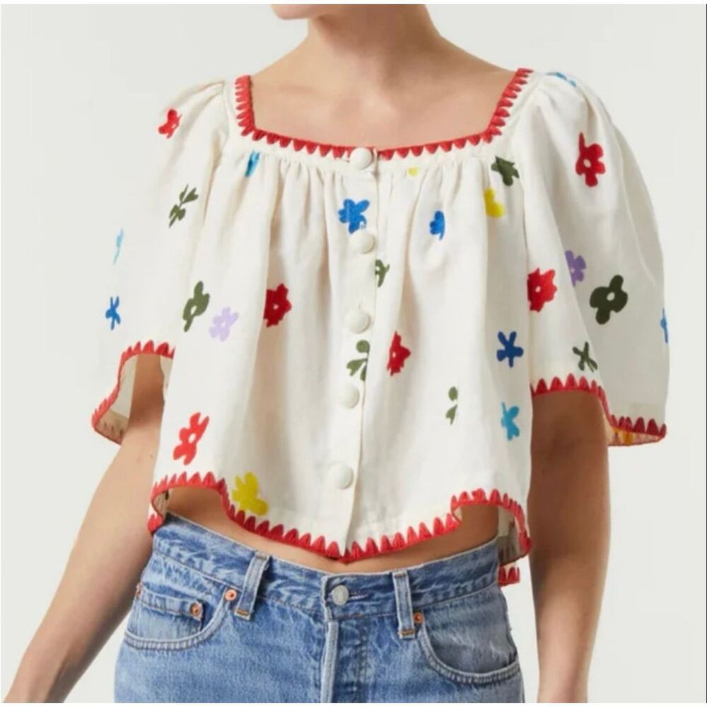 Caroline Constas Floral Embroidered Flutter Sleeve Cropped Dopamine Top Medium